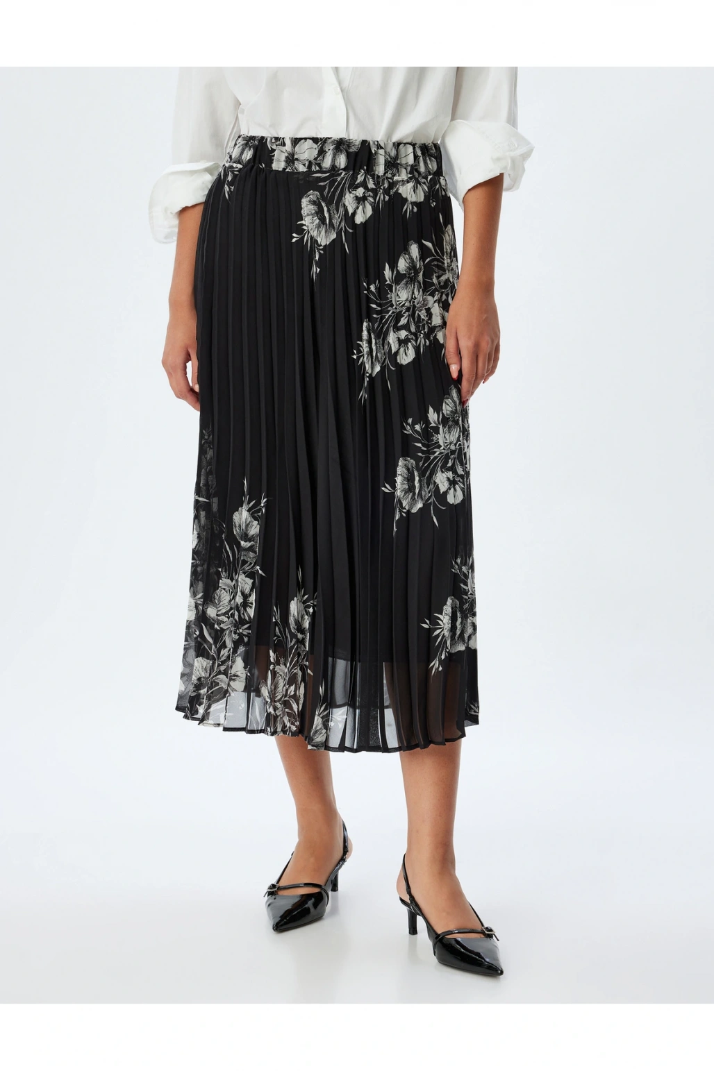 Çiçekli Pileli Etek Midi Boy Standart Bel Astarlı