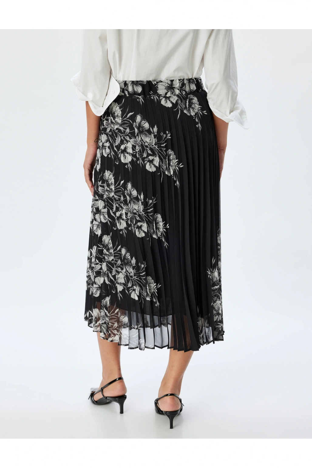 Çiçekli Pileli Etek Midi Boy Standart Bel Astarlı