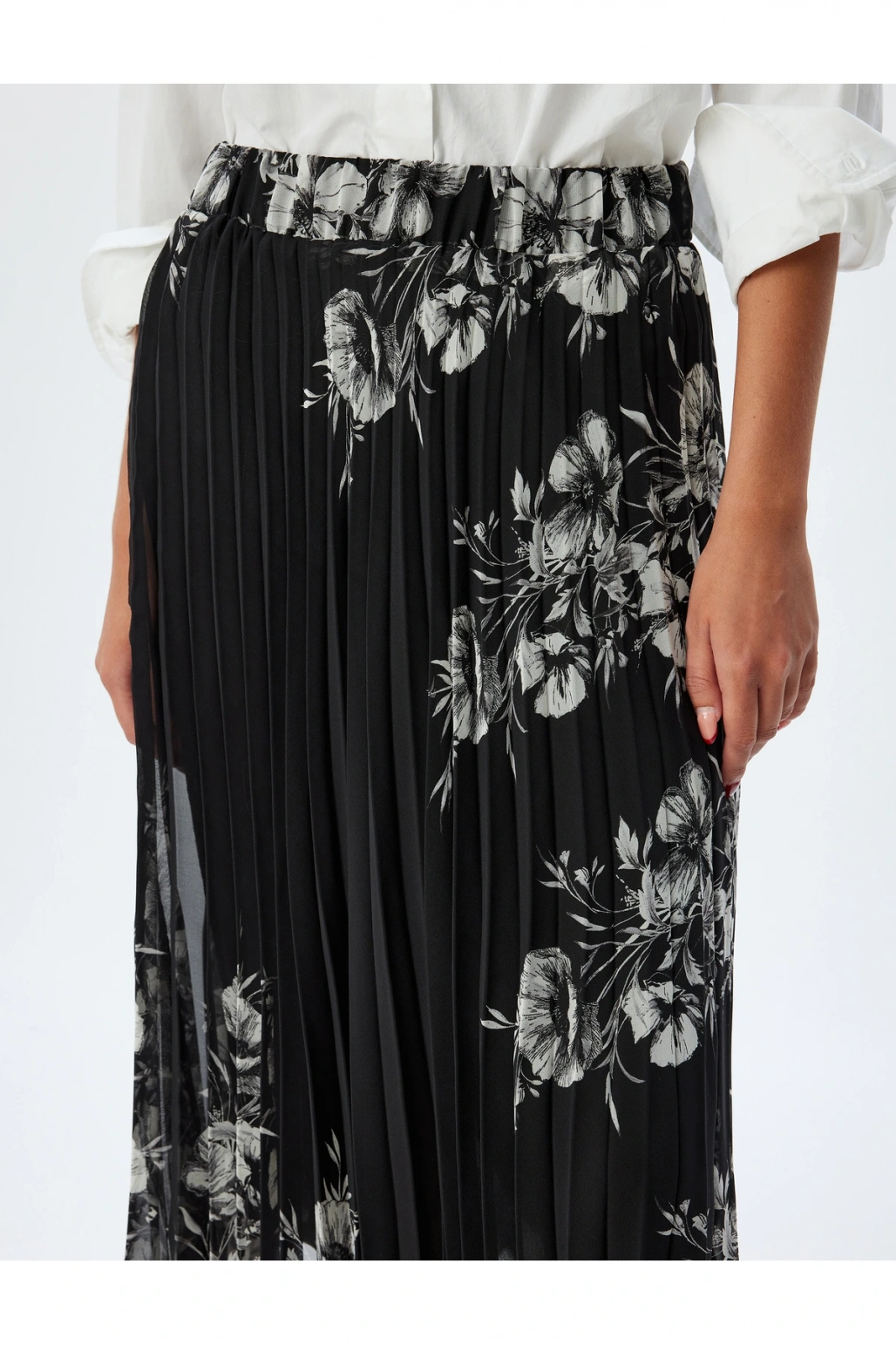 Çiçekli Pileli Etek Midi Boy Standart Bel Astarlı