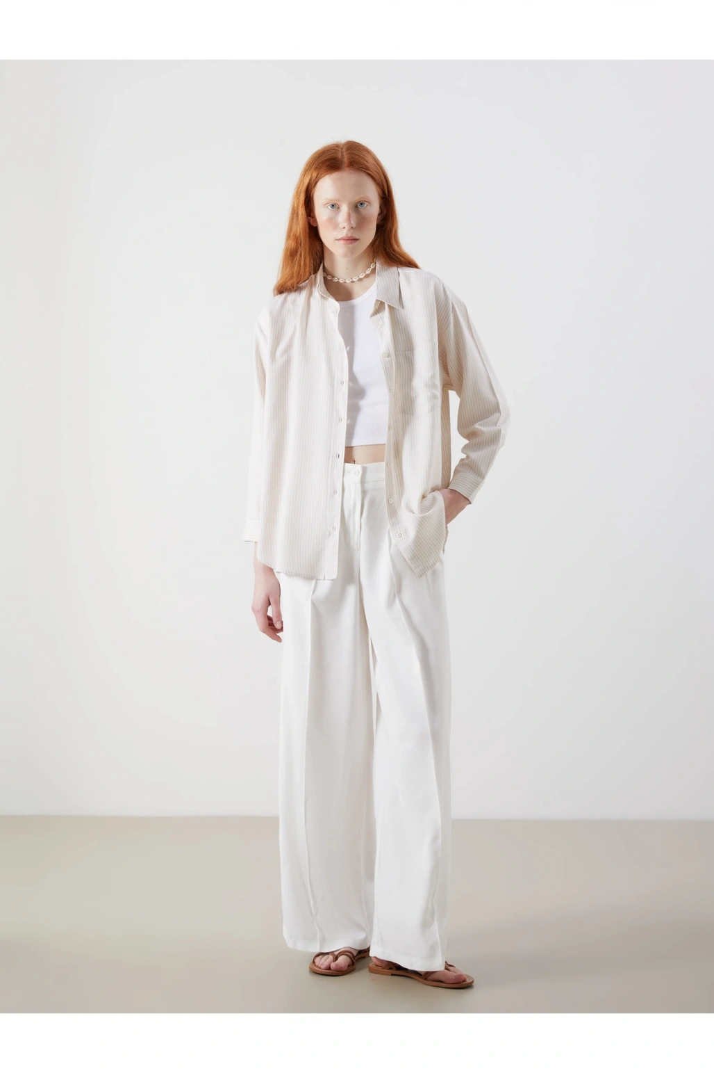 XSIDE Bej Çizgili Oversize Keten Karışımlı Kadın Gömlek