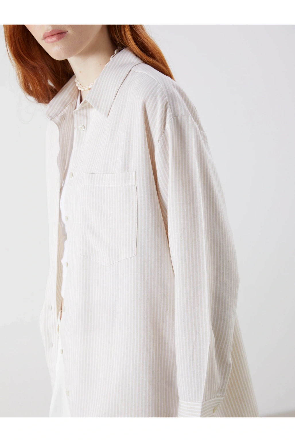 XSIDE Bej Çizgili Oversize Keten Karışımlı Kadın Gömlek
