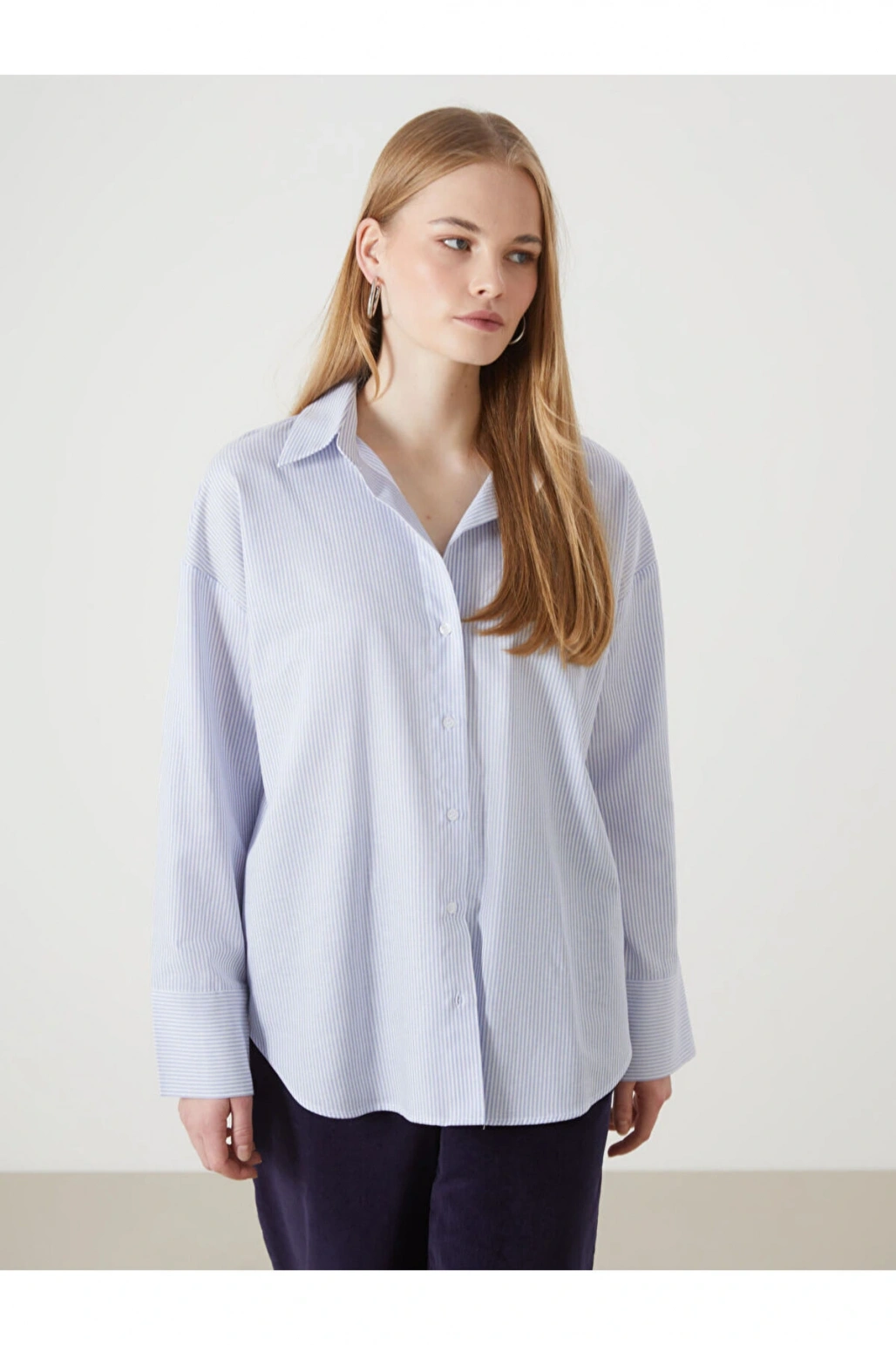 Cizgili Oversize Oxford Kadin Gomlek