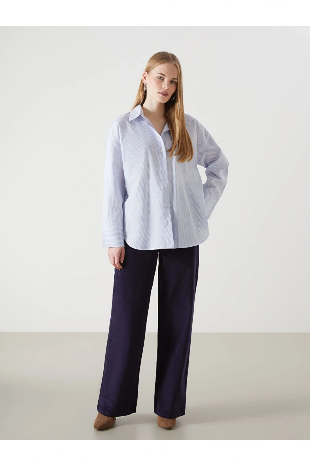 Cizgili Oversize Oxford Kadin Gomlek