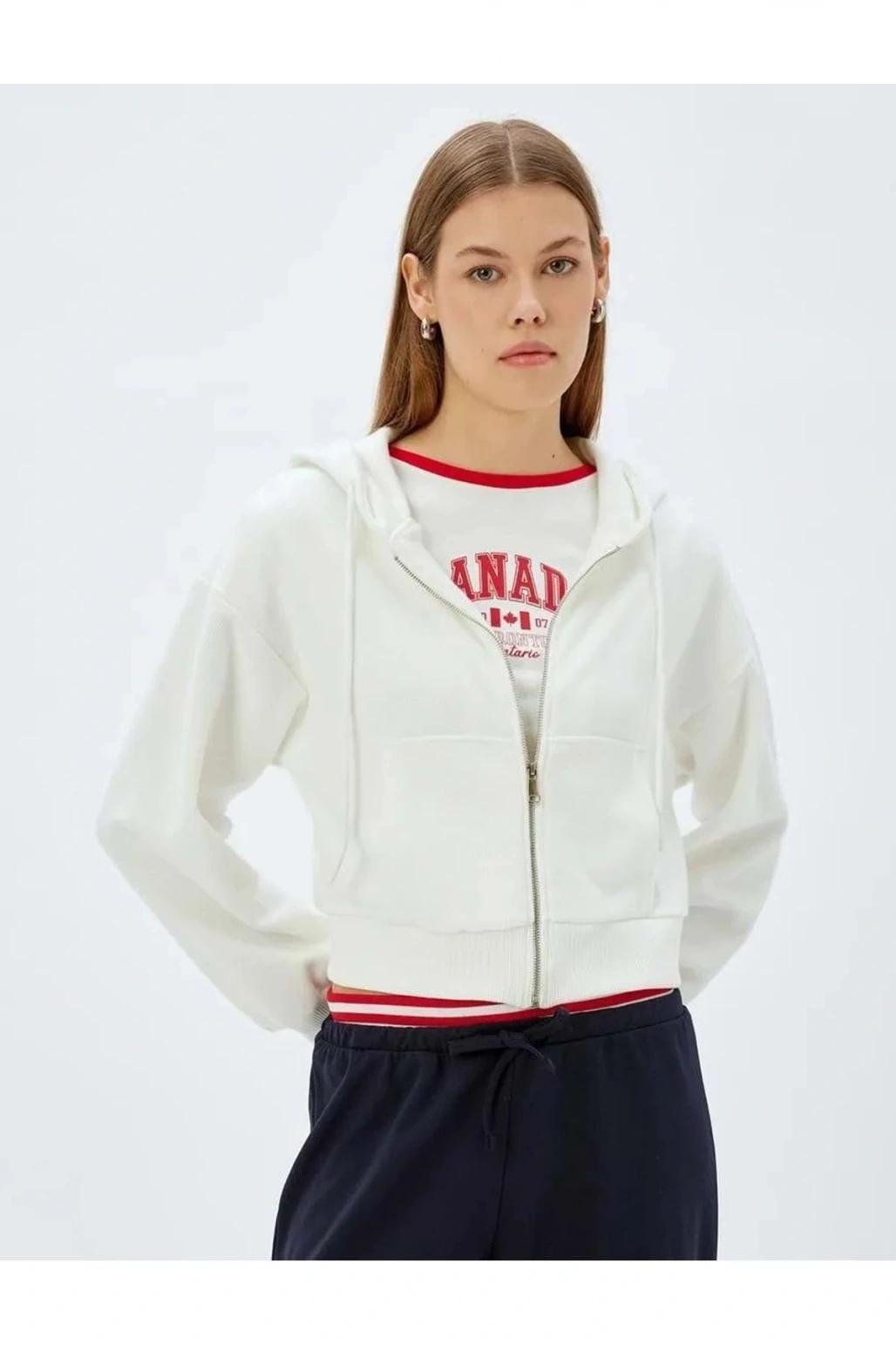 Crop Kapüşonlu Fermuarlı Sweatshirt 5WAK10056EK EKRU