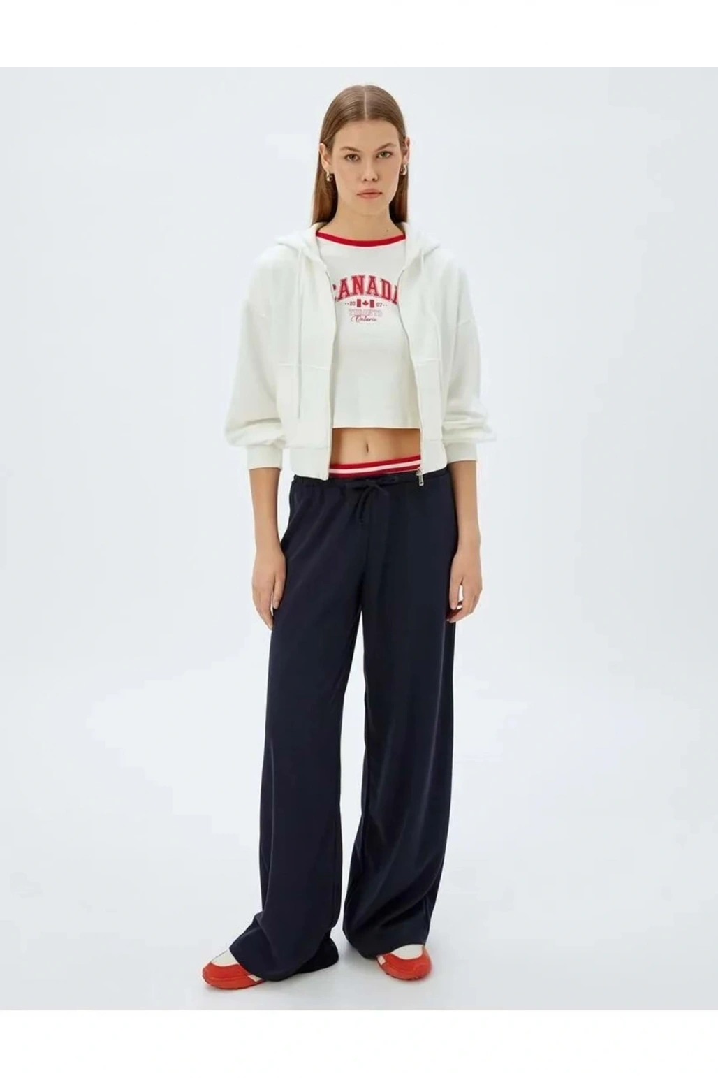 Crop Kapüşonlu Fermuarlı Sweatshirt 5WAK10056EK EKRU