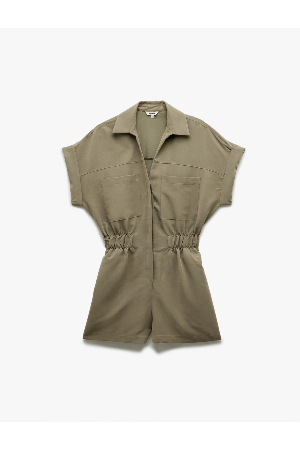 Cupro Modal Kumaş Cep Detaylı Beli Lastikli Kısa Kollu Gömlek Yaka Şort Tulum