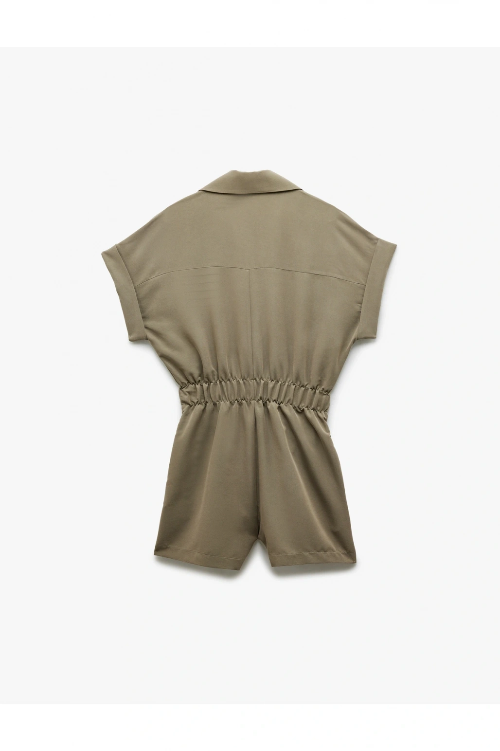 Cupro Modal Kumaş Cep Detaylı Beli Lastikli Kısa Kollu Gömlek Yaka Şort Tulum