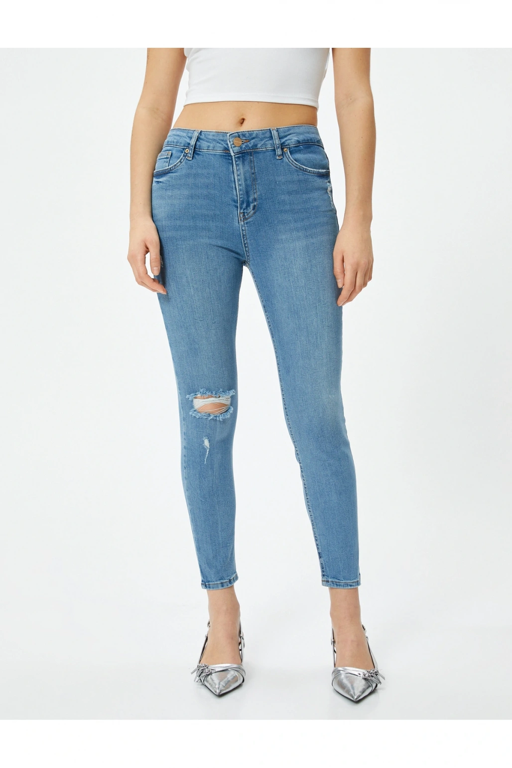 Dar Kesim Yüksek Bel Kot Pantolon Yıpratmalı Esnek Cepli Pamuklu - Carmen Skinny Jeans