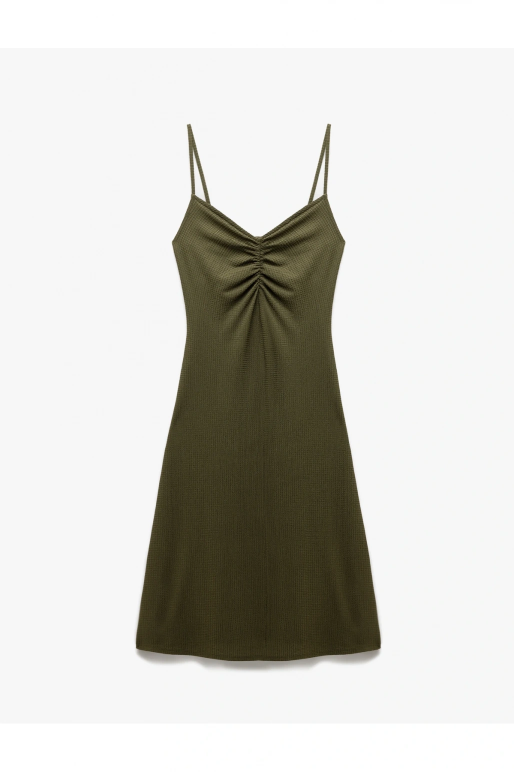 Drape Detaylı Bürümcük Kumaş İnce Askılı Midi Elbise