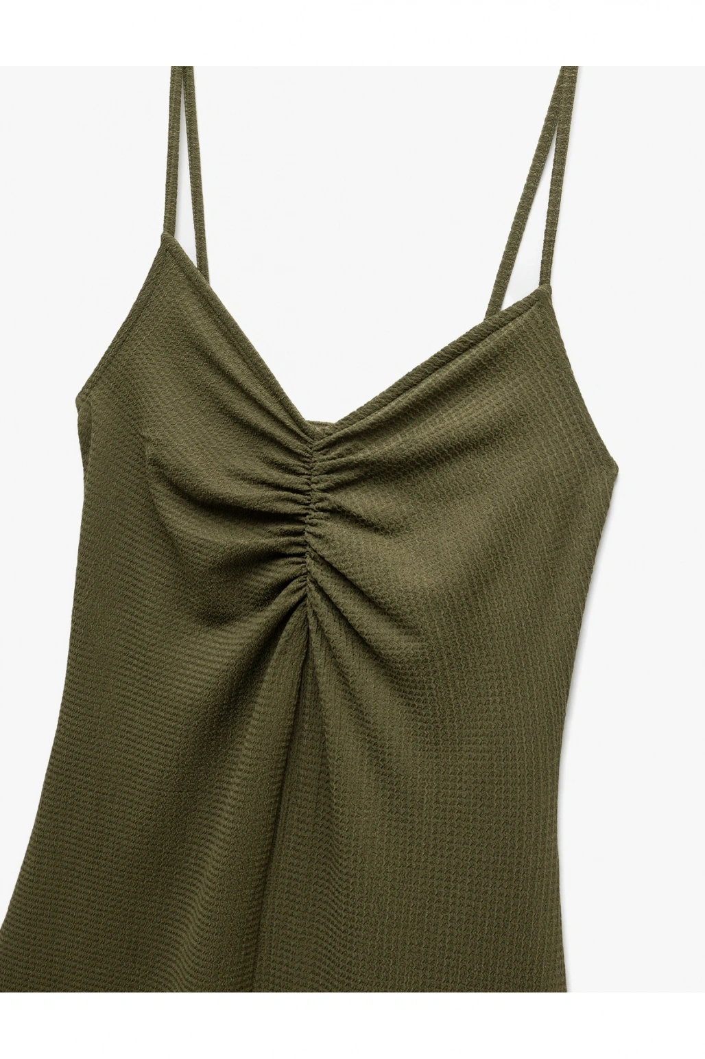 Drape Detaylı Bürümcük Kumaş İnce Askılı Midi Elbise