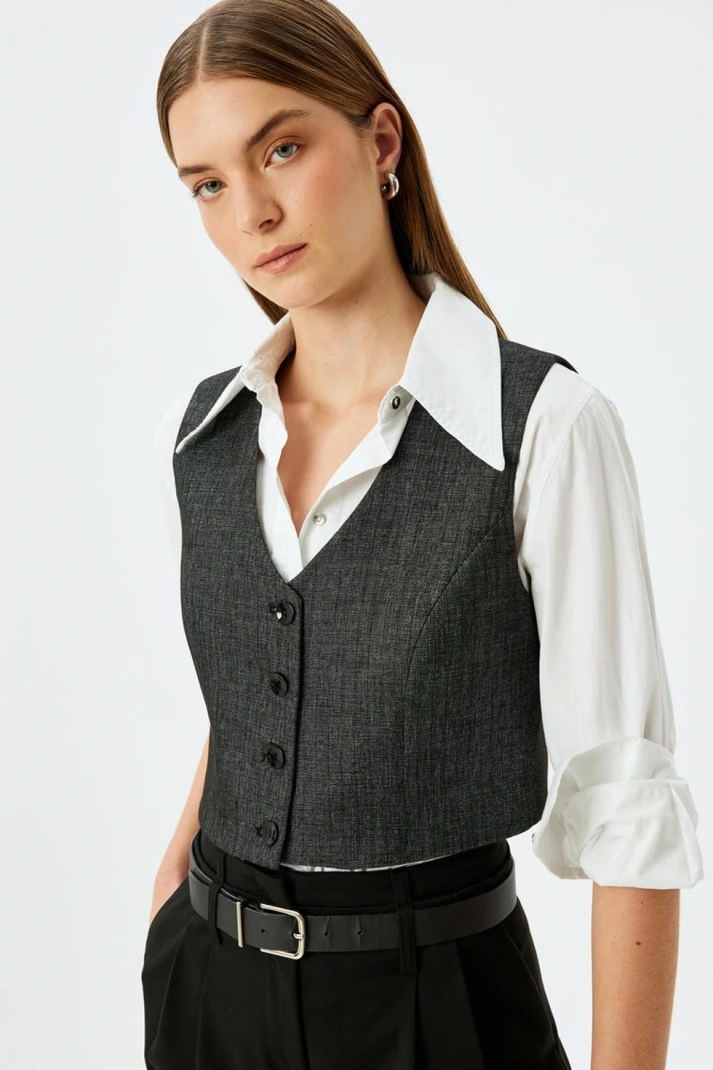 Düğmeli V Yaka Crop Yelek