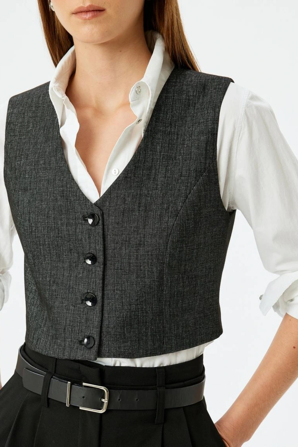 Düğmeli V Yaka Crop Yelek