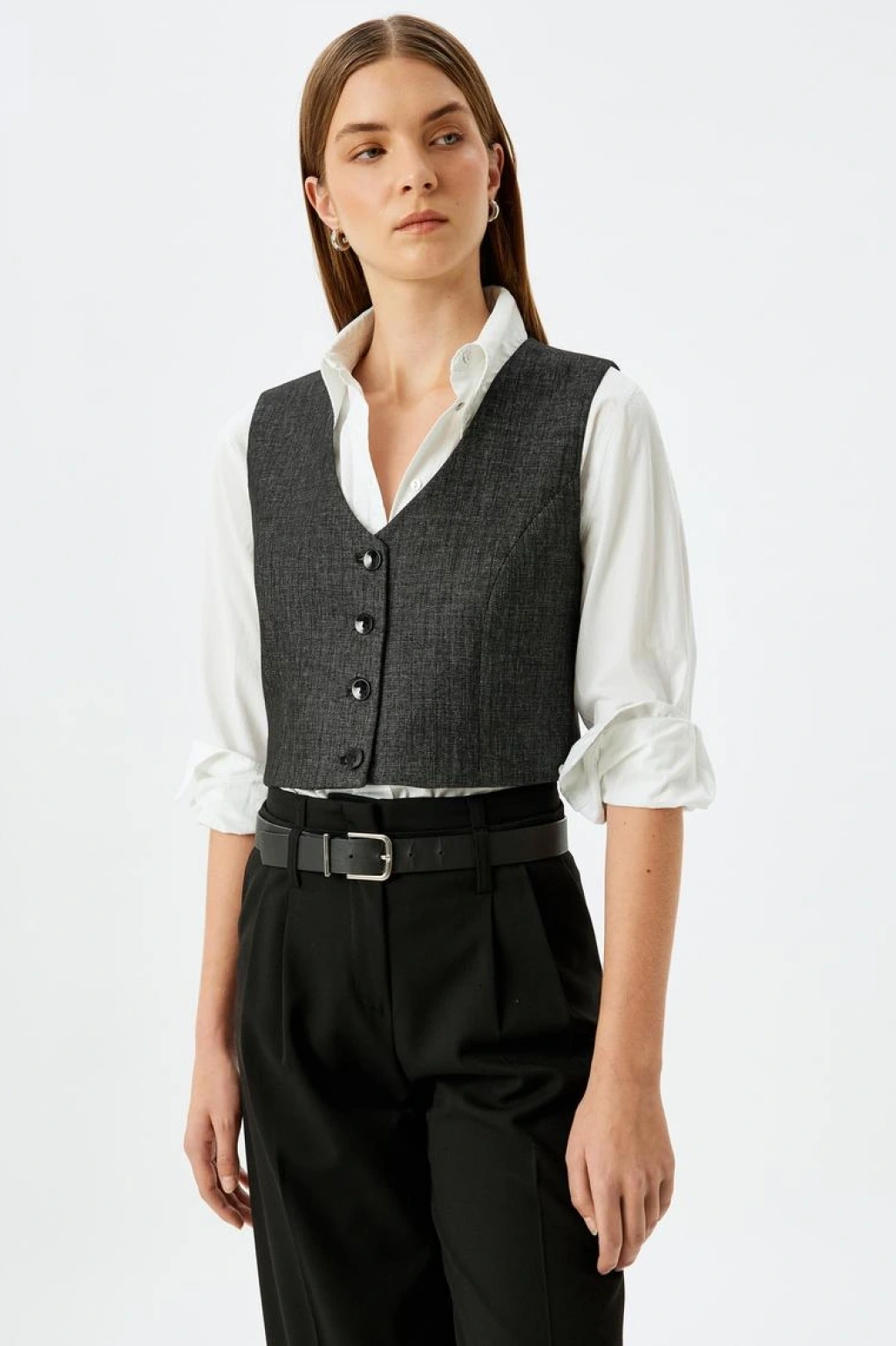 Düğmeli V Yaka Crop Yelek