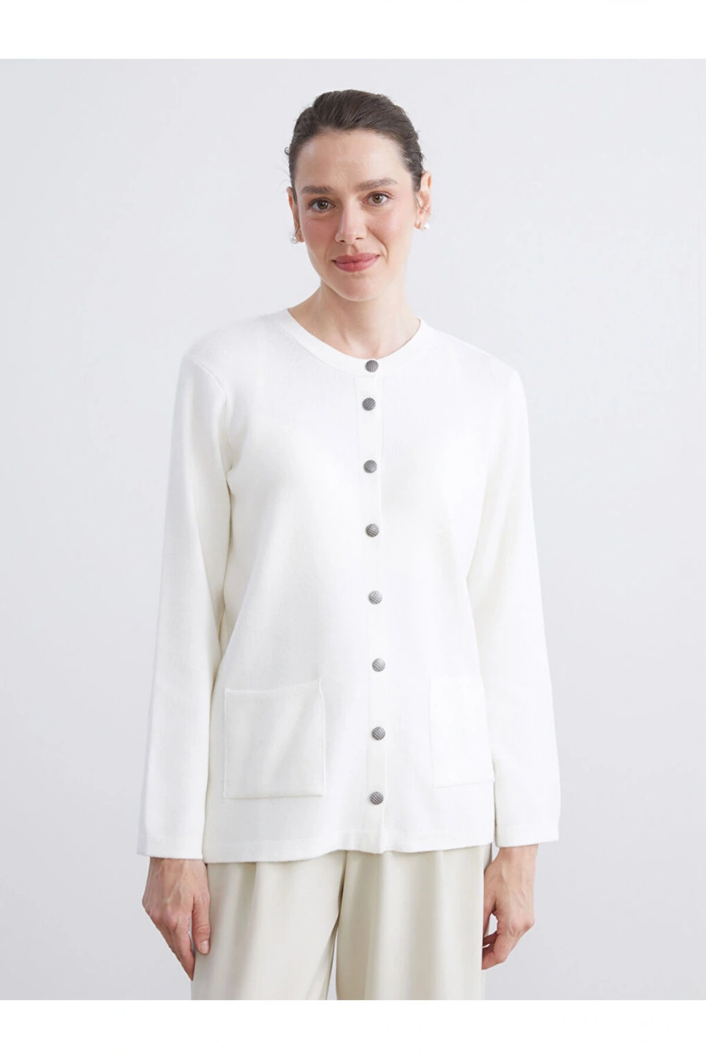 Ekru Bisiklet Yaka Kadın Triko Hırka