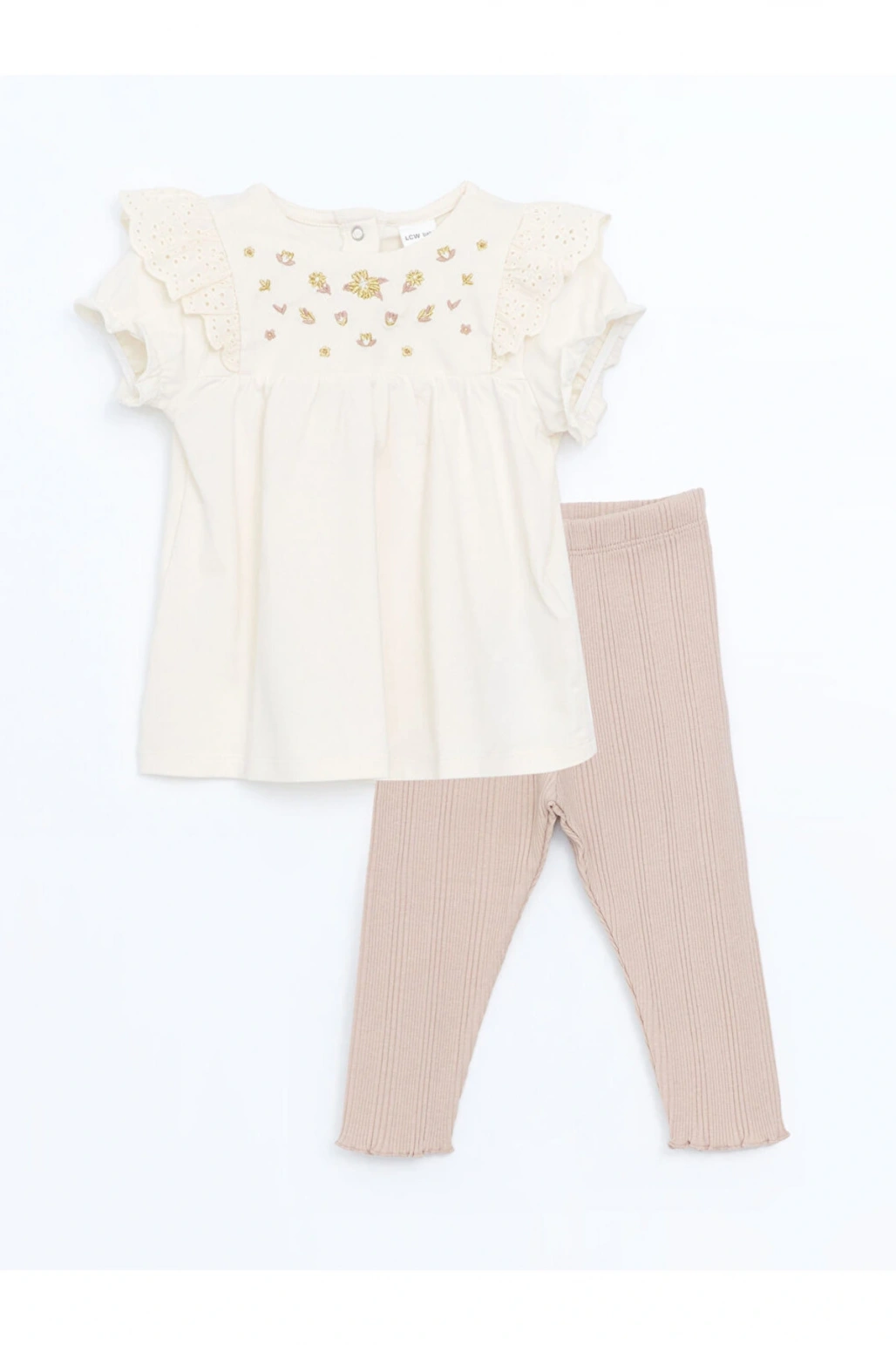 Ekru Bisiklet Yaka Nakışlı Kız Bebek Bluz Ve Tayt 2li
