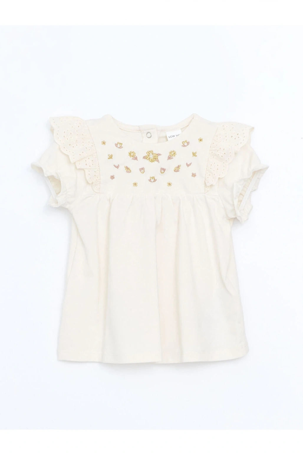 Ekru Bisiklet Yaka Nakışlı Kız Bebek Bluz Ve Tayt 2li
