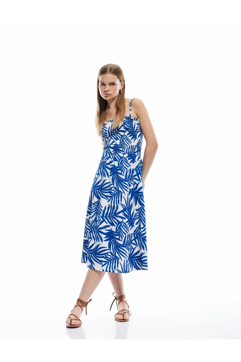 Gipeli Askılı A Kesim Çiçekli Midi Elbise Bürümcük