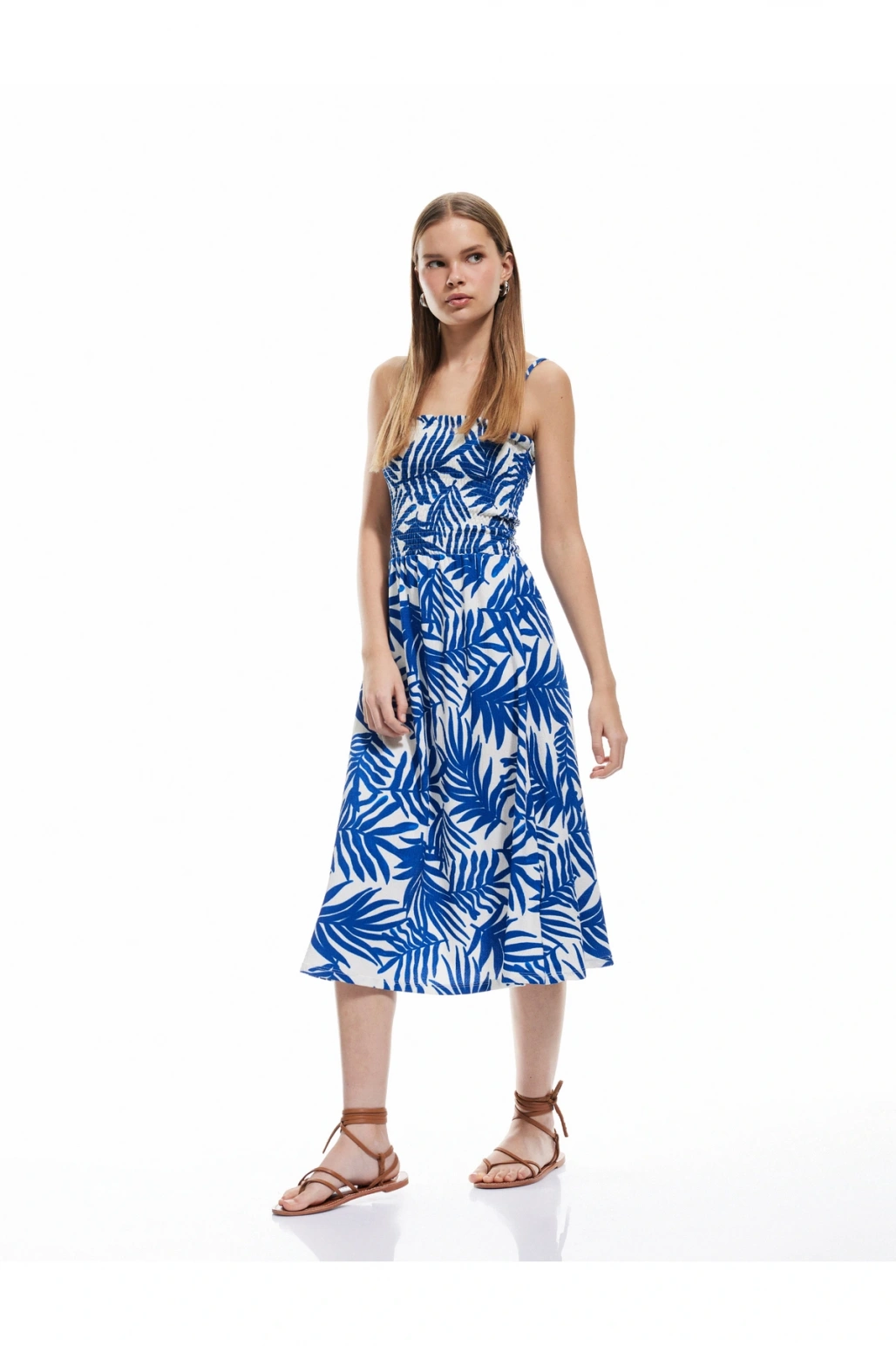 Gipeli Askılı A Kesim Çiçekli Midi Elbise Bürümcük