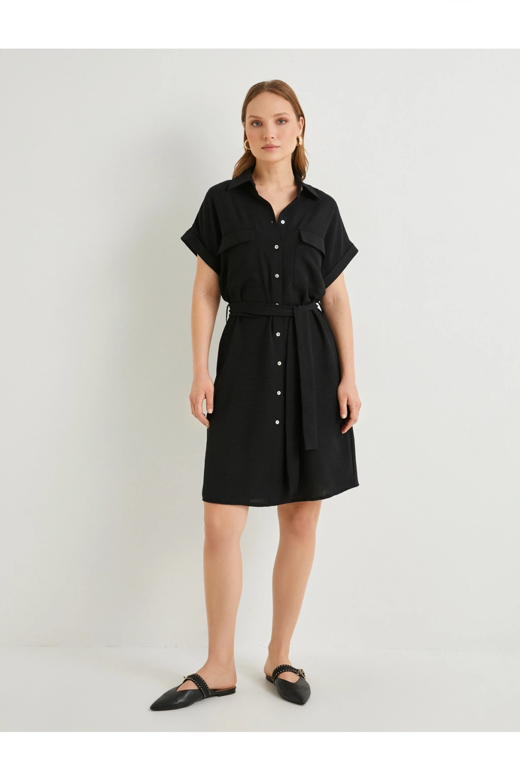 Gömlek Elbise Beli Kuşaklı Düğmeli Cepli