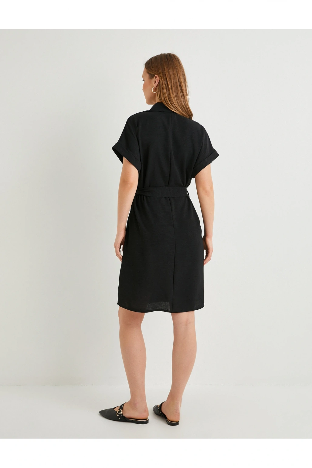 Gömlek Elbise Beli Kuşaklı Düğmeli Cepli