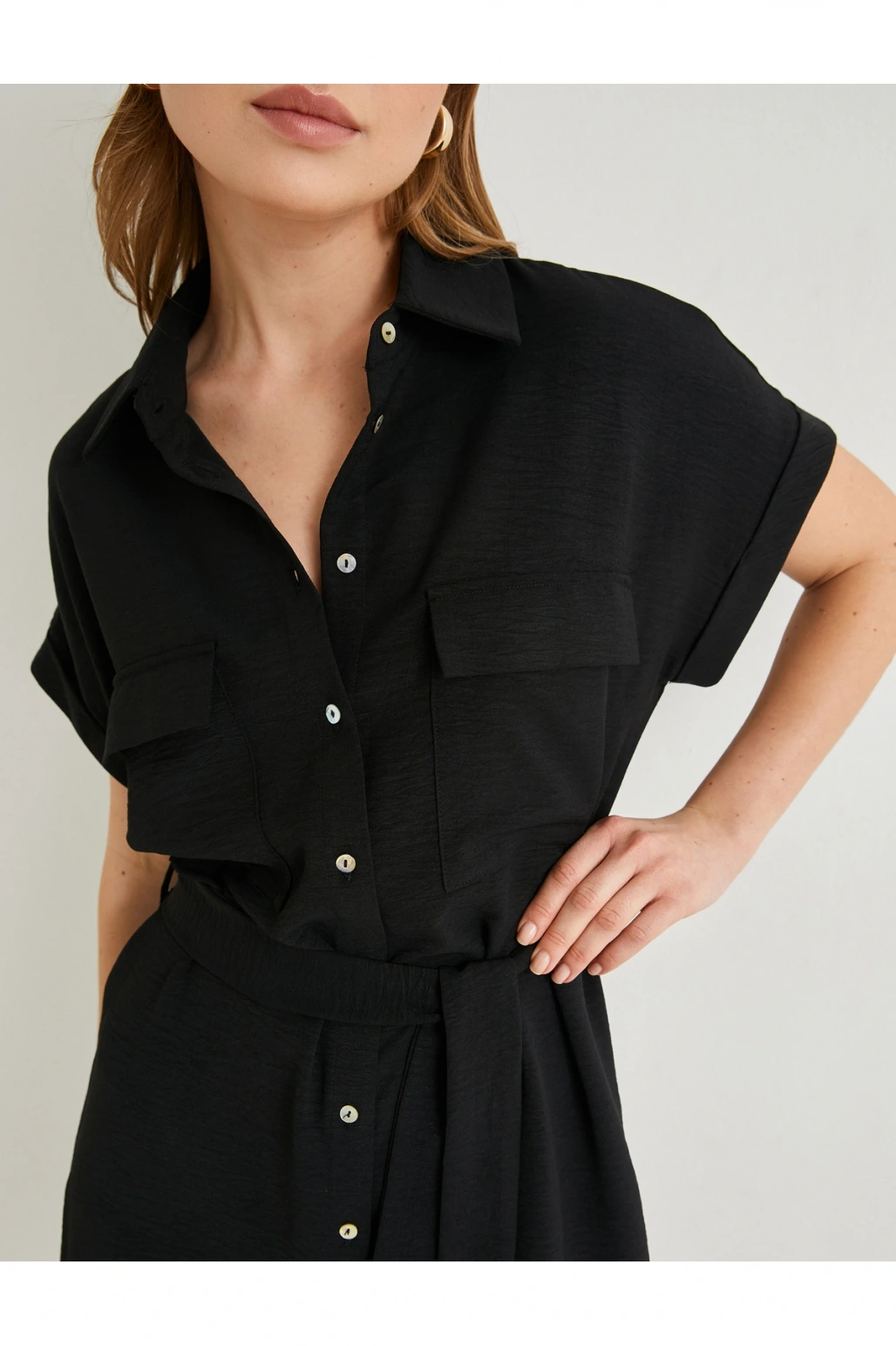 Gömlek Elbise Beli Kuşaklı Düğmeli Cepli