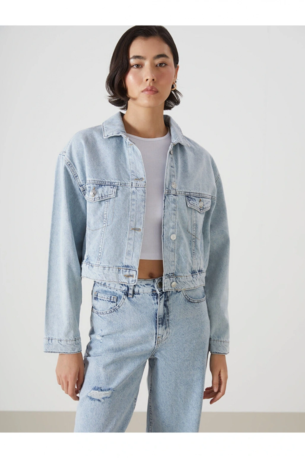 Gömlek Yaka Oversize Crop Kadın Jean Ceket