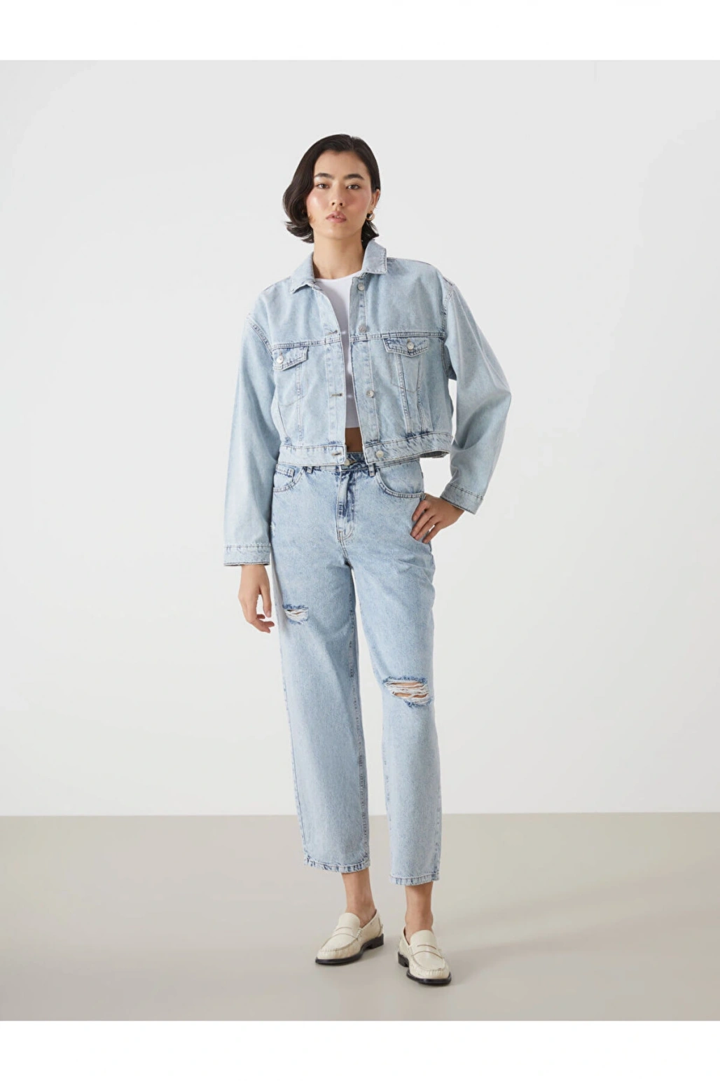 Gömlek Yaka Oversize Crop Kadın Jean Ceket