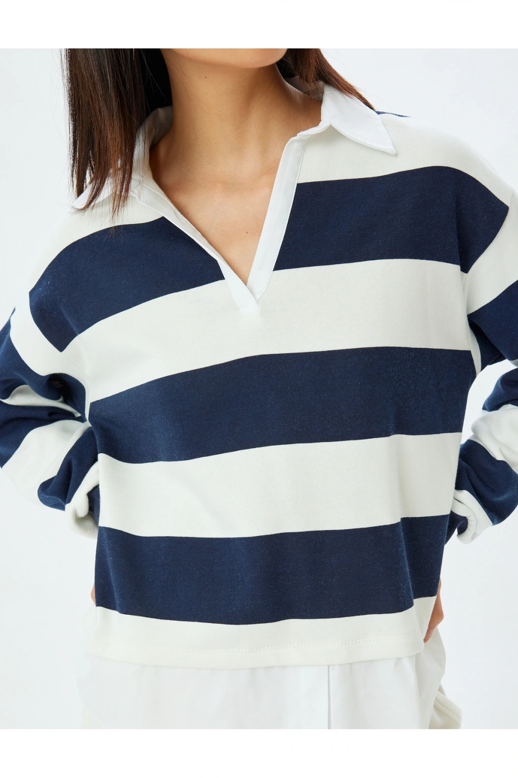 Gömlek Yaka Sweatshirt Oversize Renk Bloklu Şardonlu