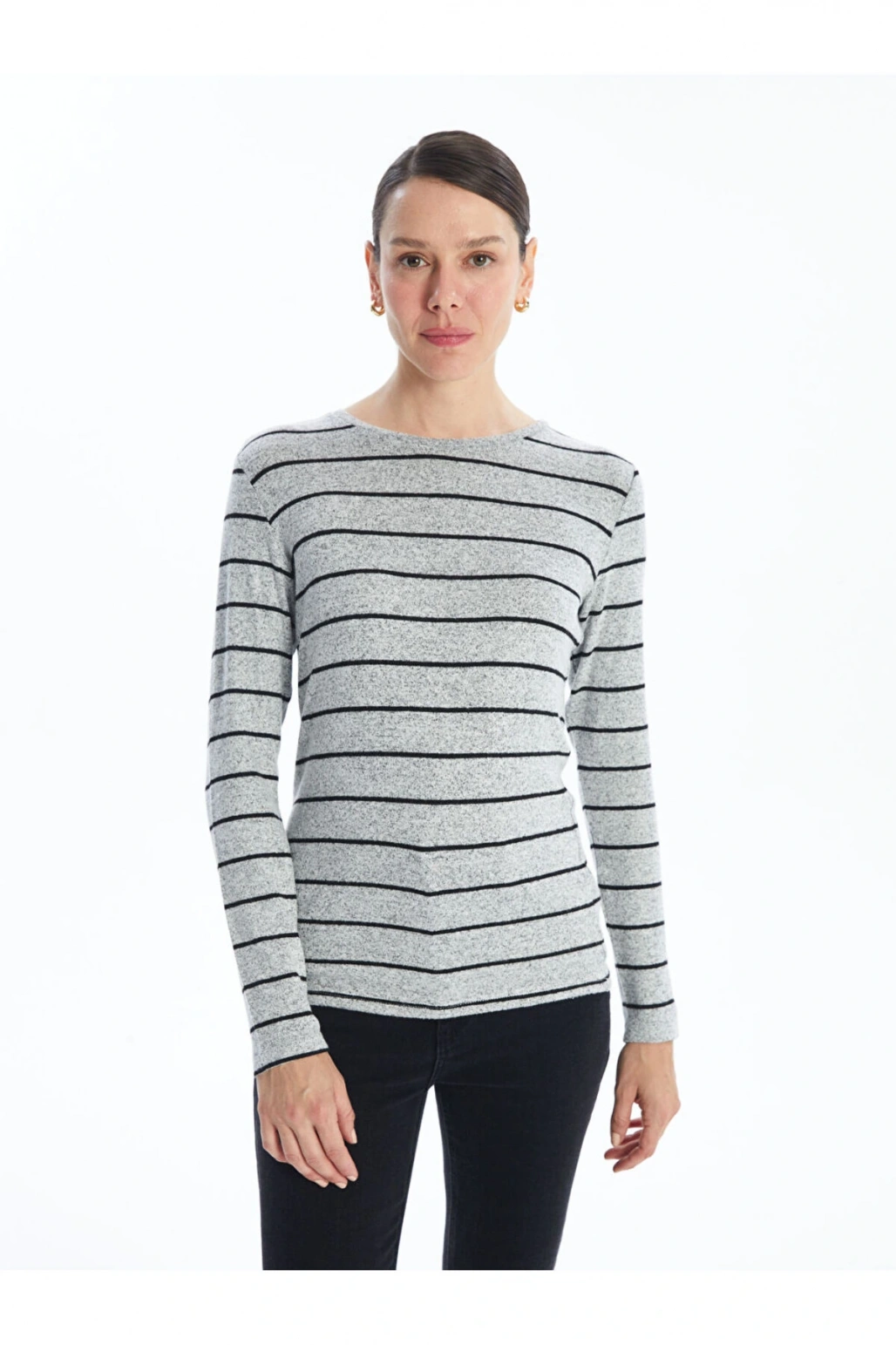 Gri Bisiklet Yaka Çizgili Kadın Tişört