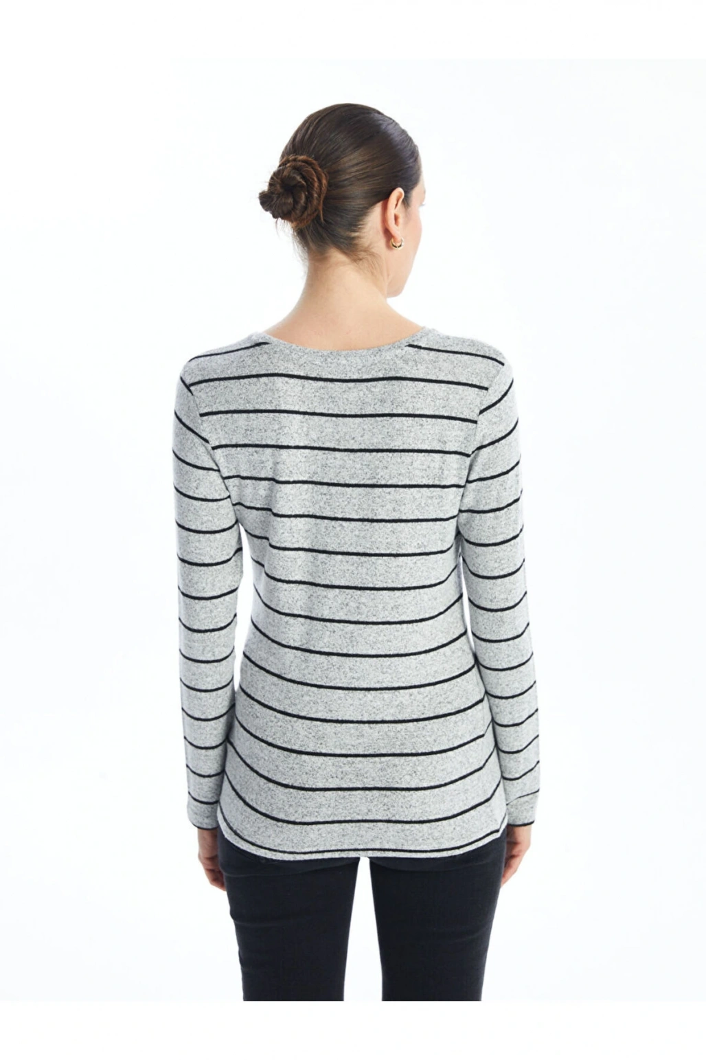 Gri Bisiklet Yaka Çizgili Kadın Tişört