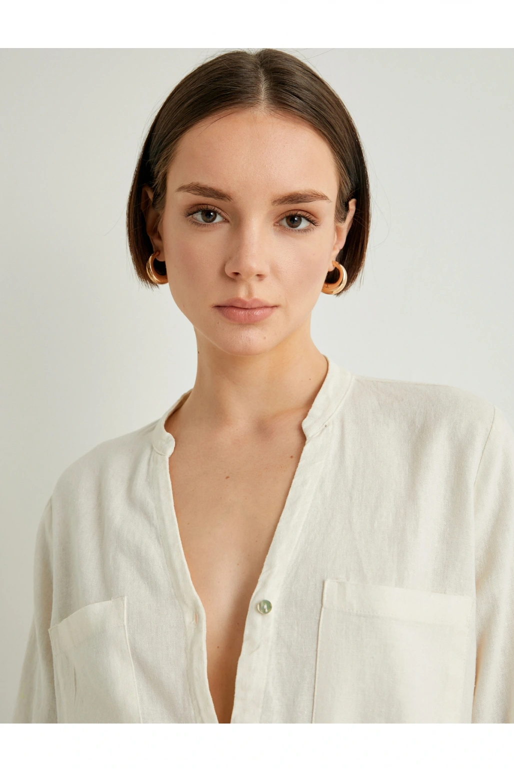 Hakim Yaka Gömlek Uzun Kollu Düğmeli Viskon Keten Karışımlı Standart Kesim