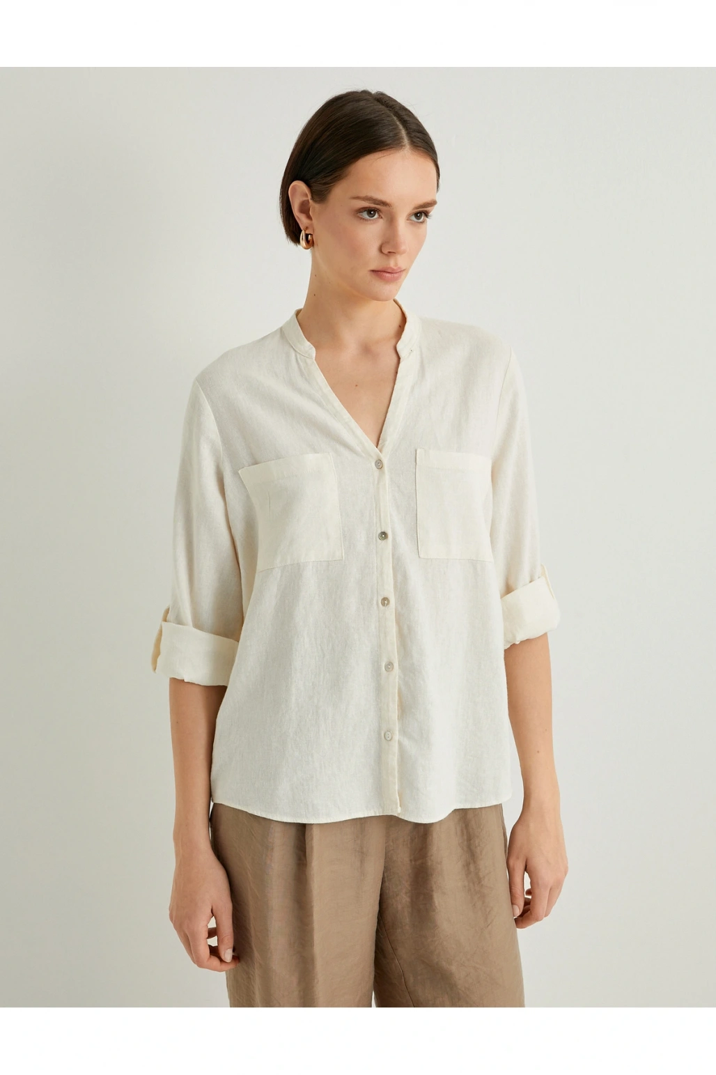 Hakim Yaka Gömlek Uzun Kollu Düğmeli Viskon Keten Karışımlı Standart Kesim