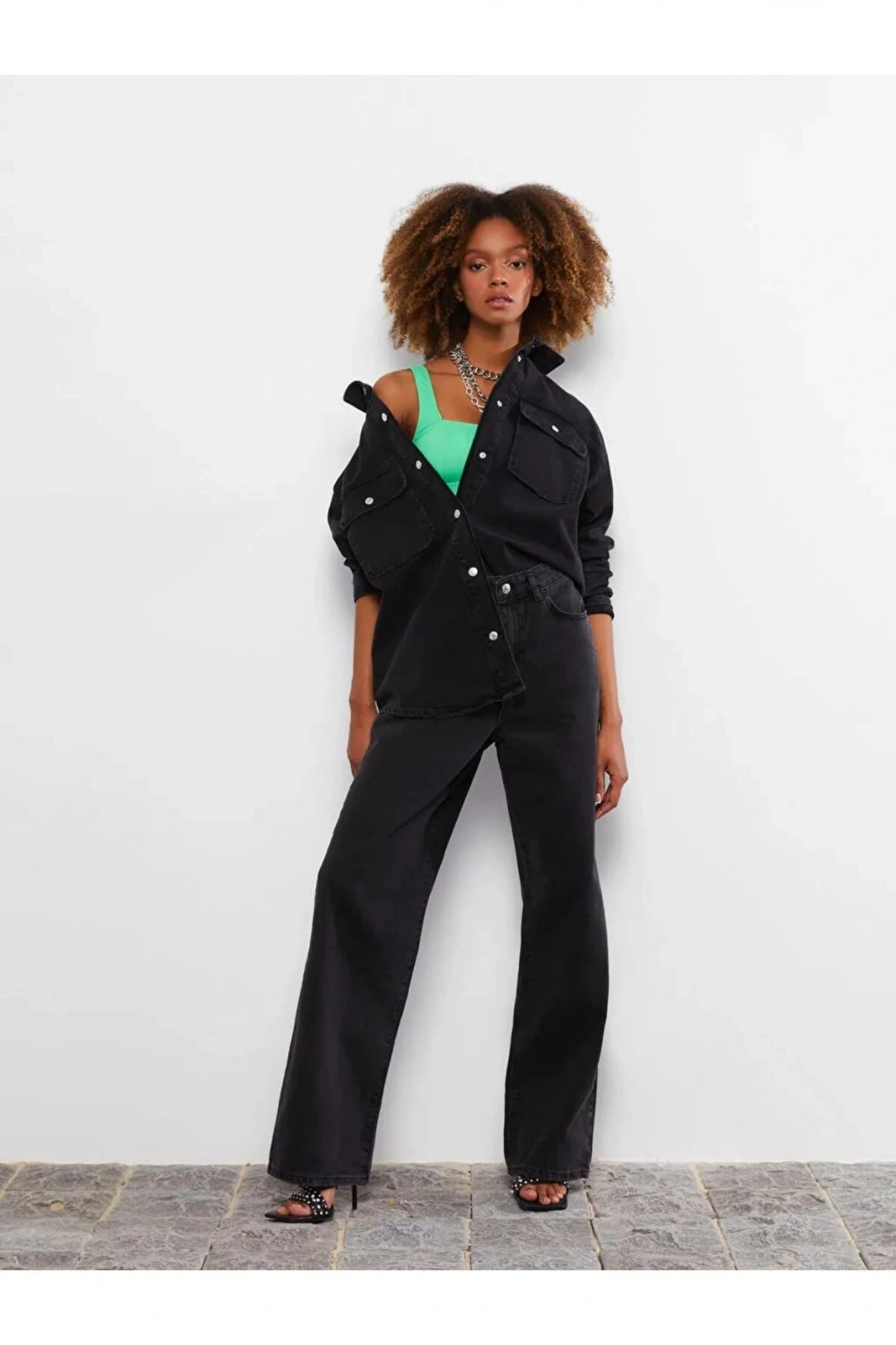 Jeans Siyah Yüksek Bel Wideleg Cep Detaylı Kadın Rodeo Jean Pantolon