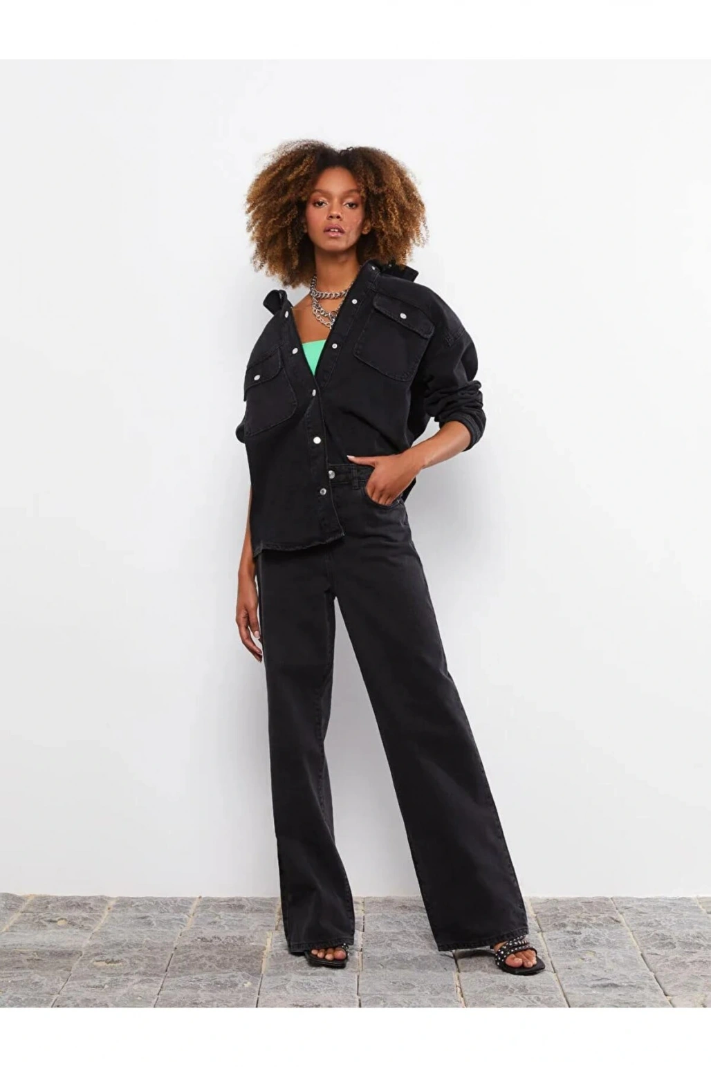 Jeans Siyah Yüksek Bel Wideleg Cep Detaylı Kadın Rodeo Jean Pantolon