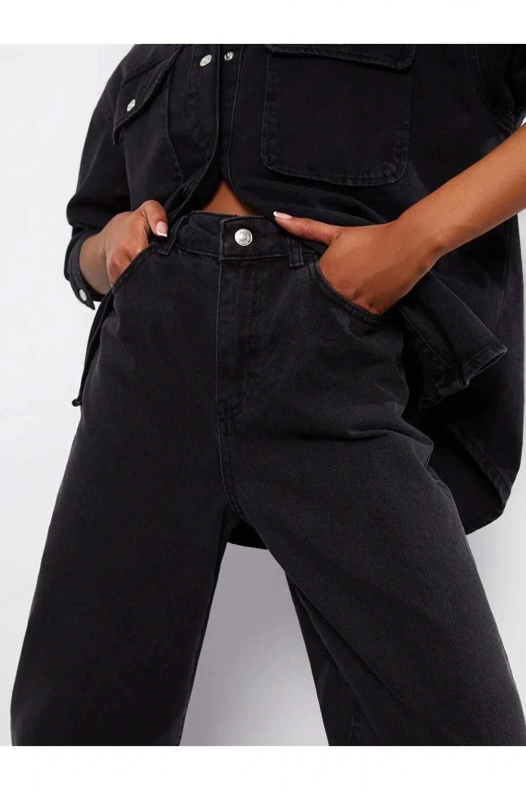 Jeans Siyah Yüksek Bel Wideleg Cep Detaylı Kadın Rodeo Jean Pantolon