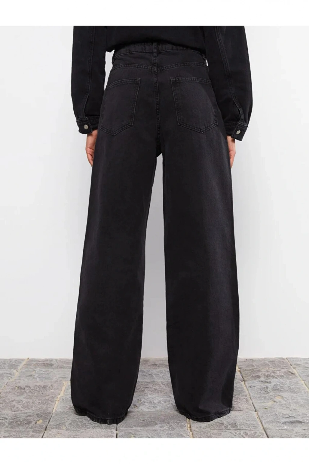 Jeans Siyah Yüksek Bel Wideleg Cep Detaylı Kadın Rodeo Jean Pantolon