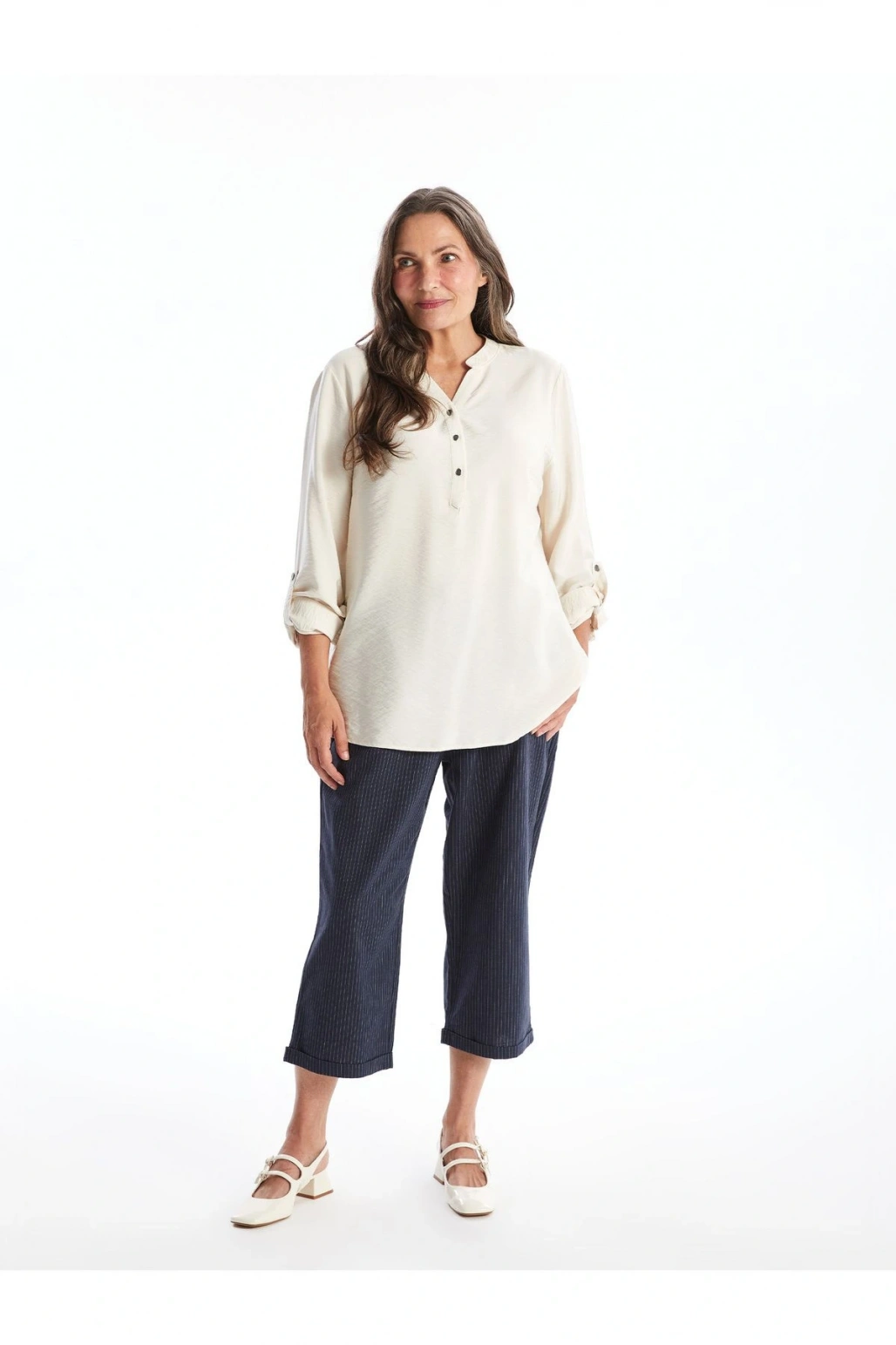 Kaçık Yaka Düz Uzun Kollu Kadın Bluz