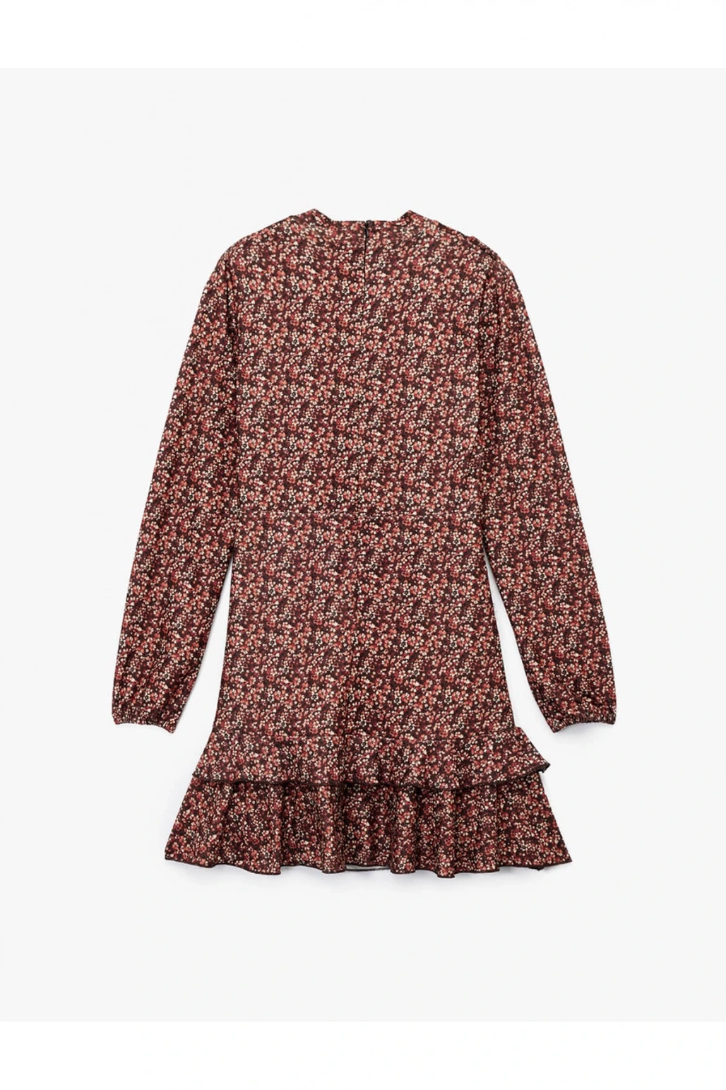 Slim Fit Fırfırlı Uzun Kollu Bisiklet Yaka Çiçekli Mini Elbise