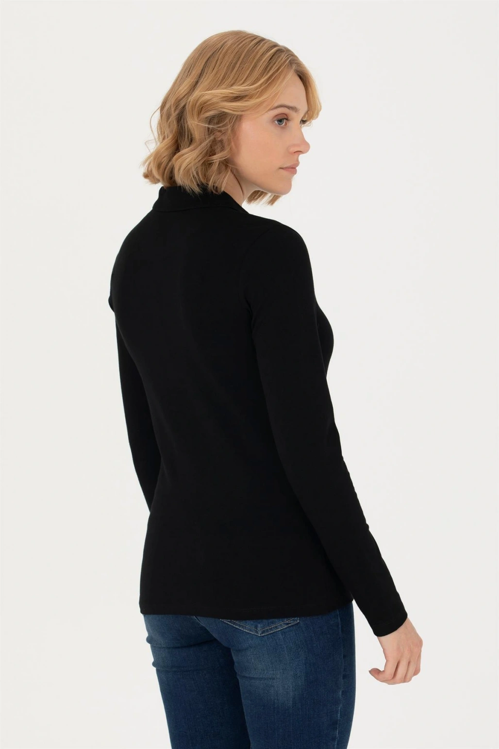 Kadın Siyah Basic Polo Yaka Sweatshirt 1675677
