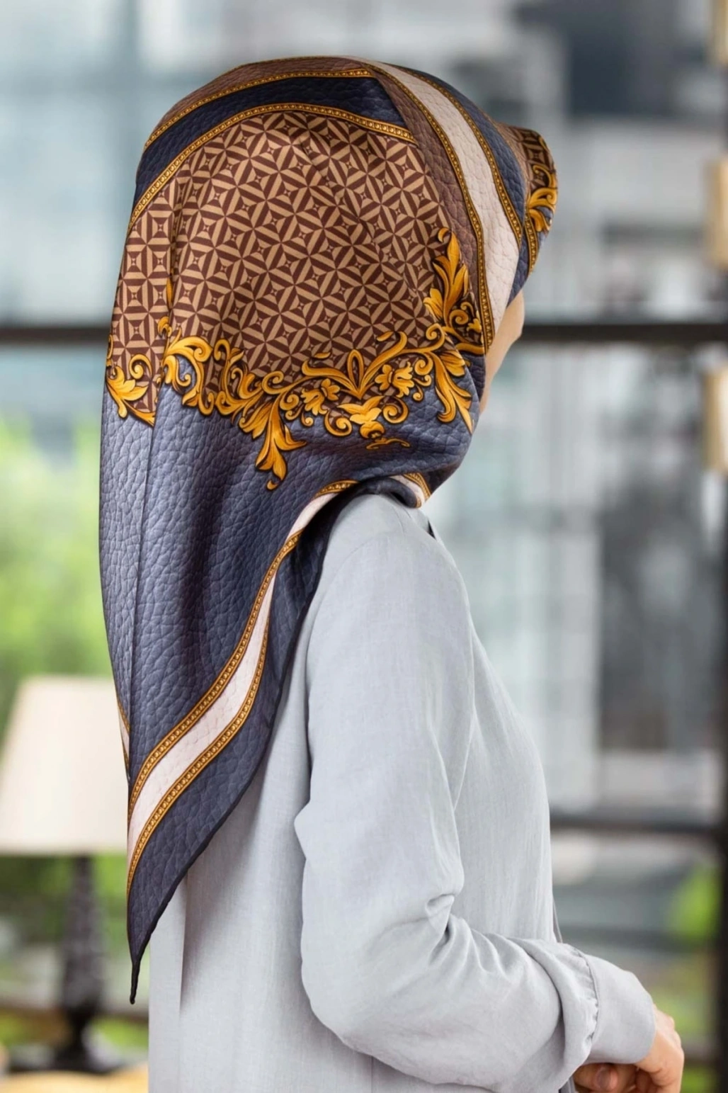 Kadın Twill Ipek Eşarp Gri Bej