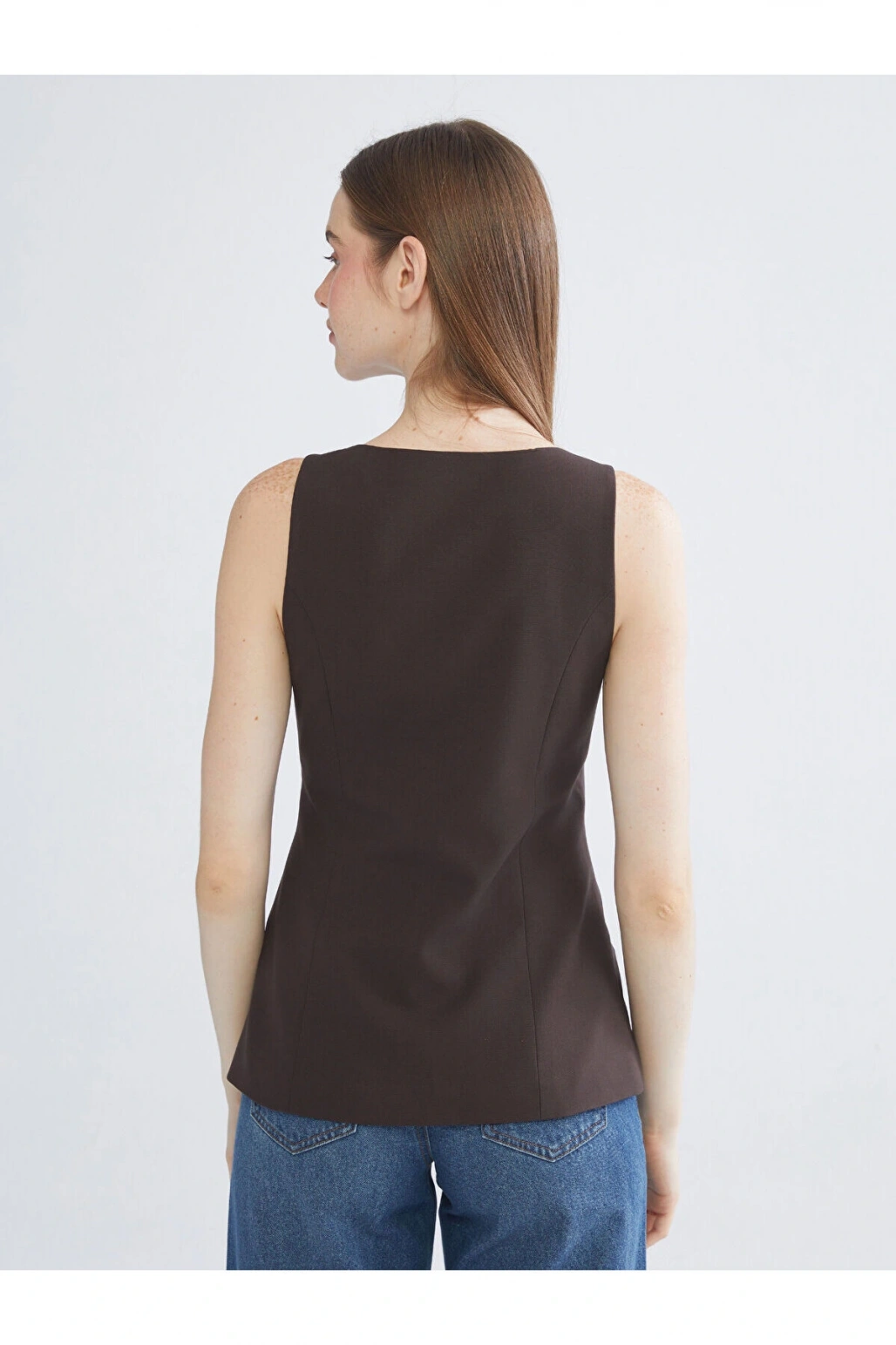 Kahverengi Kare Yaka Kadın Klasik Yelek