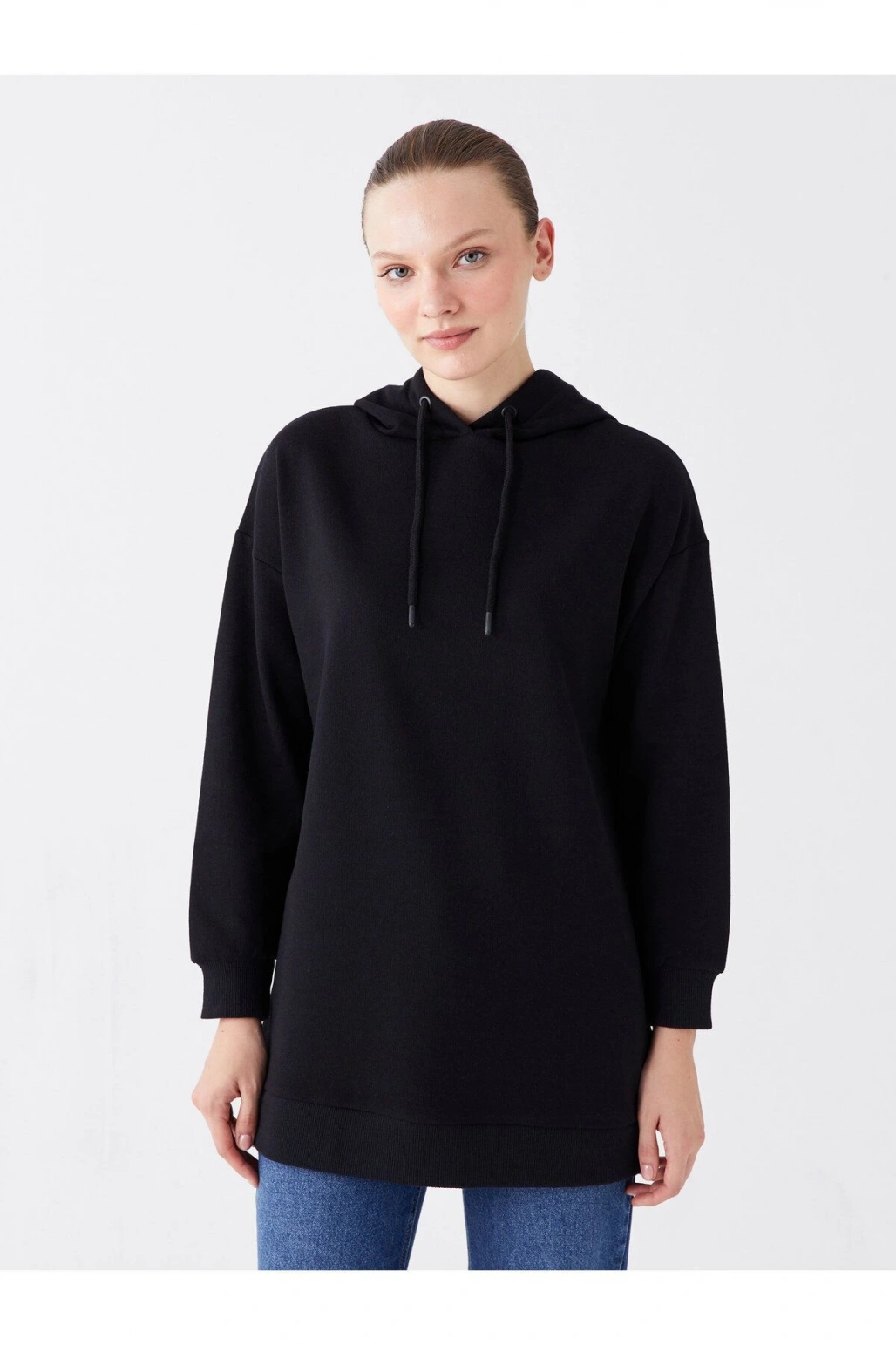 Kapüşonlu Düz Uzun Kollu Kadın Sweatshirt Tunik