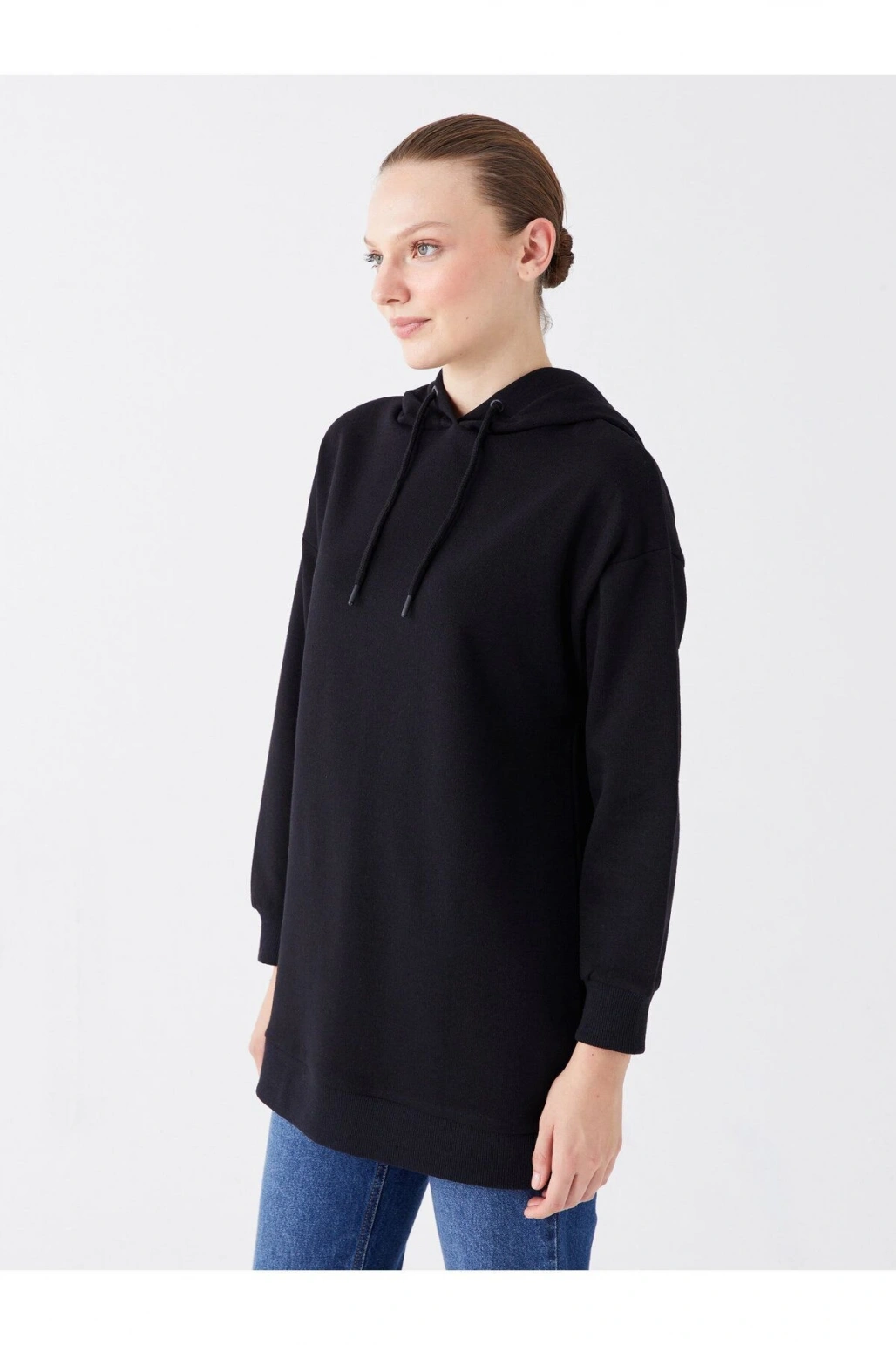 Kapüşonlu Düz Uzun Kollu Kadın Sweatshirt Tunik