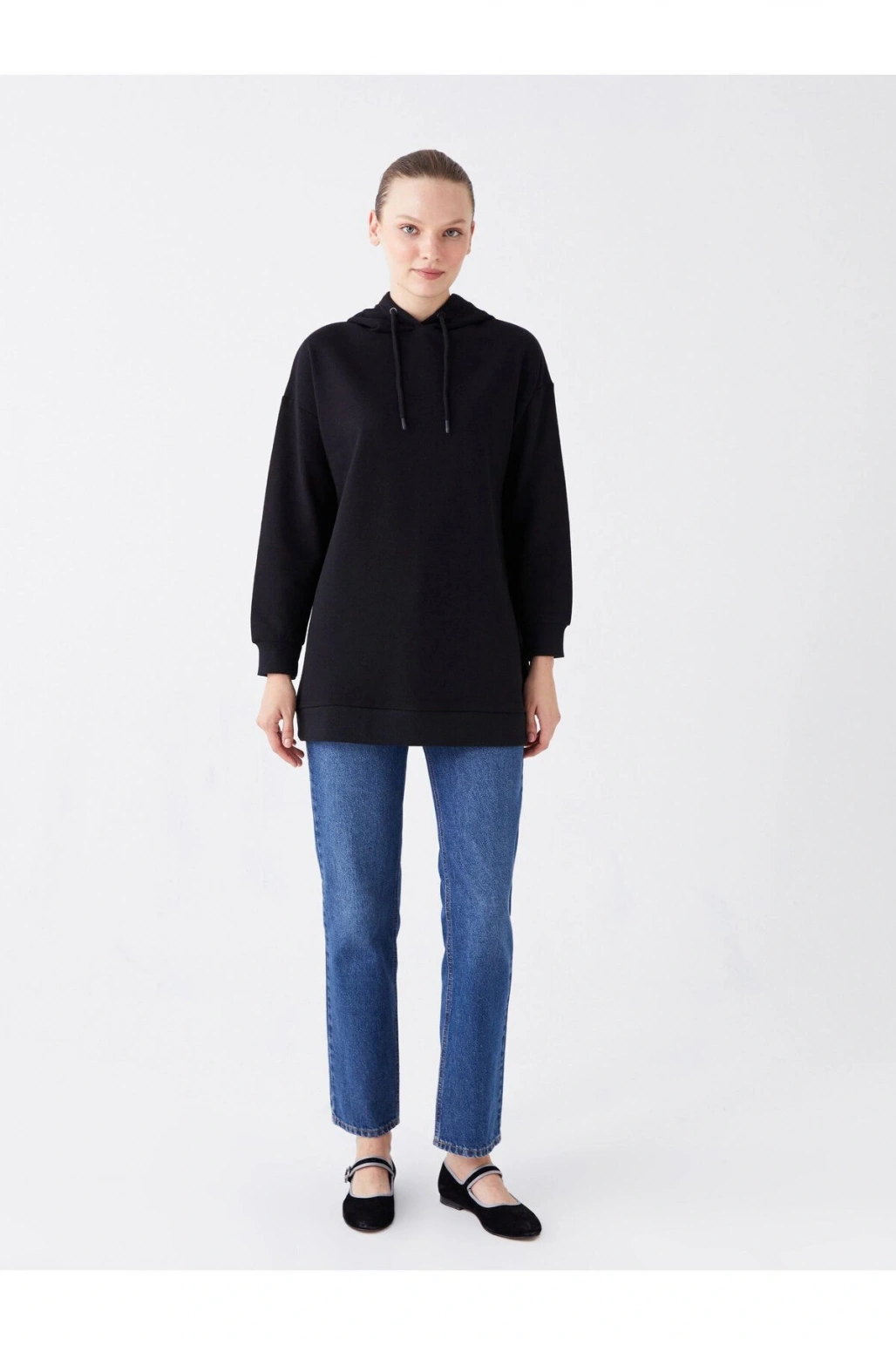 Kapüşonlu Düz Uzun Kollu Kadın Sweatshirt Tunik