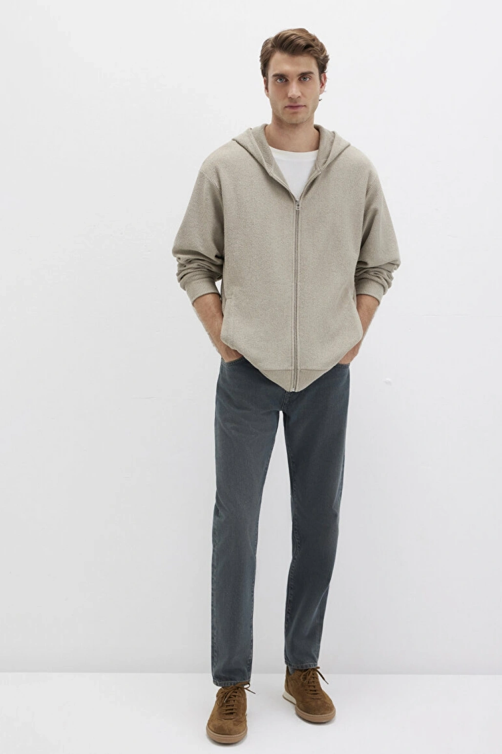 Kapüşonlu Fermuarlı Bej Sweatshirt