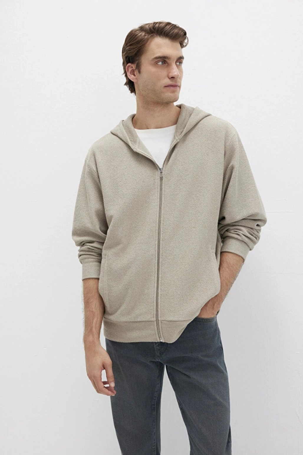 Kapüşonlu Fermuarlı Bej Sweatshirt