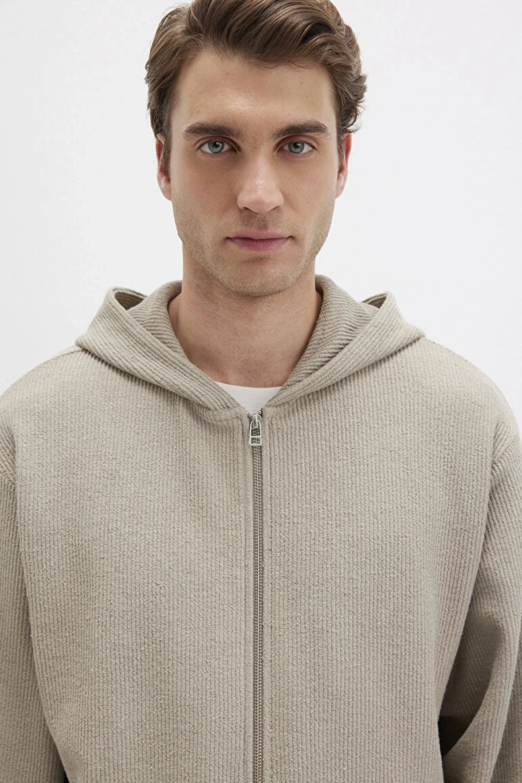 Kapüşonlu Fermuarlı Bej Sweatshirt