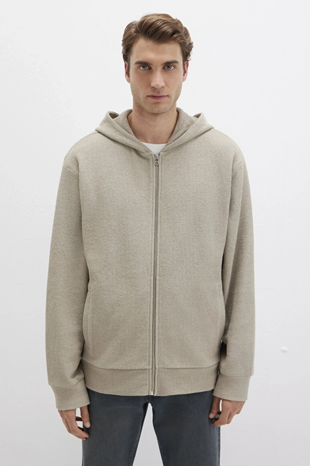 Kapüşonlu Fermuarlı Bej Sweatshirt