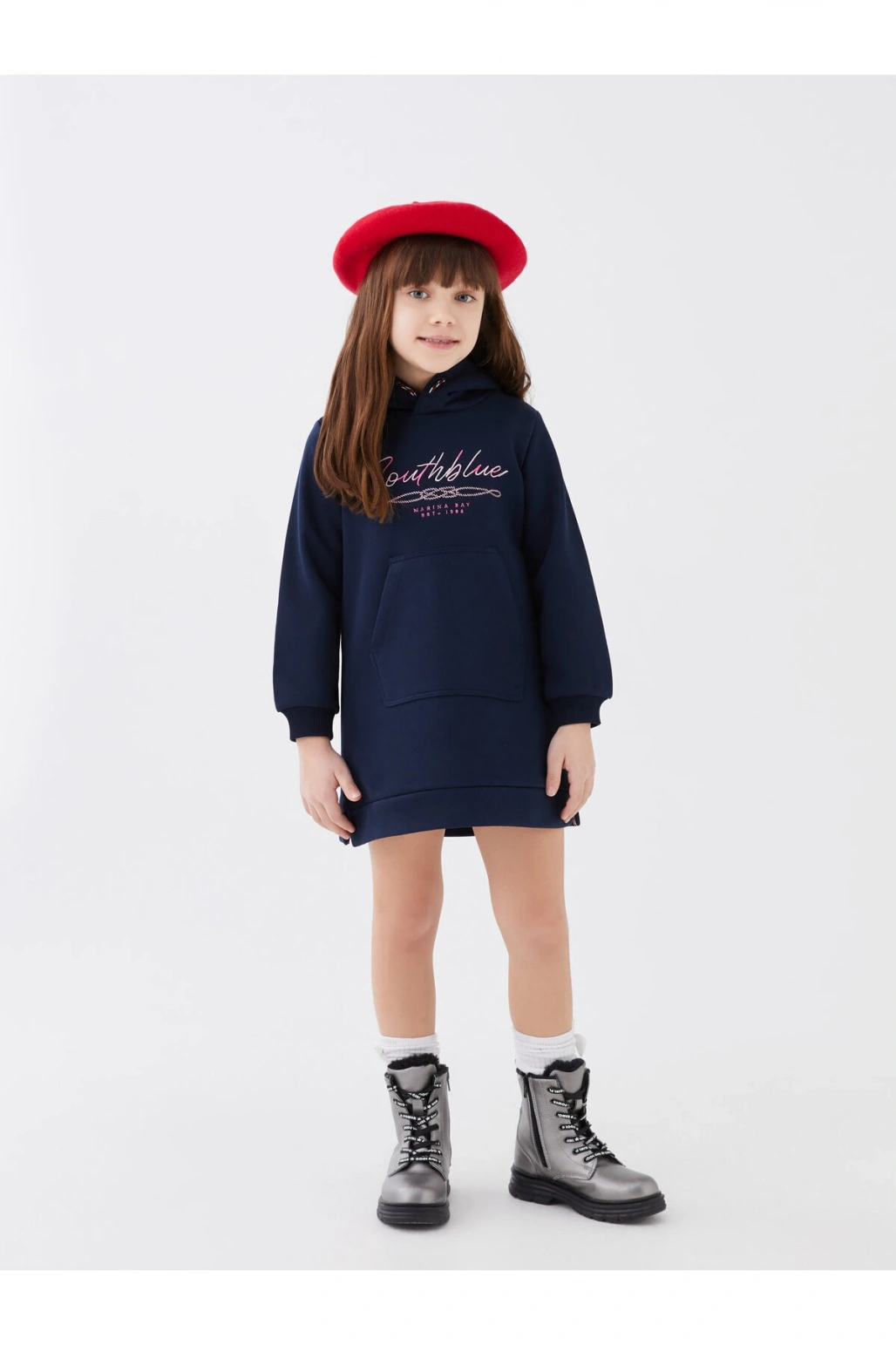 Kapüşonlu Nakışlı Uzun Kollu Kız Çocuk Elbise