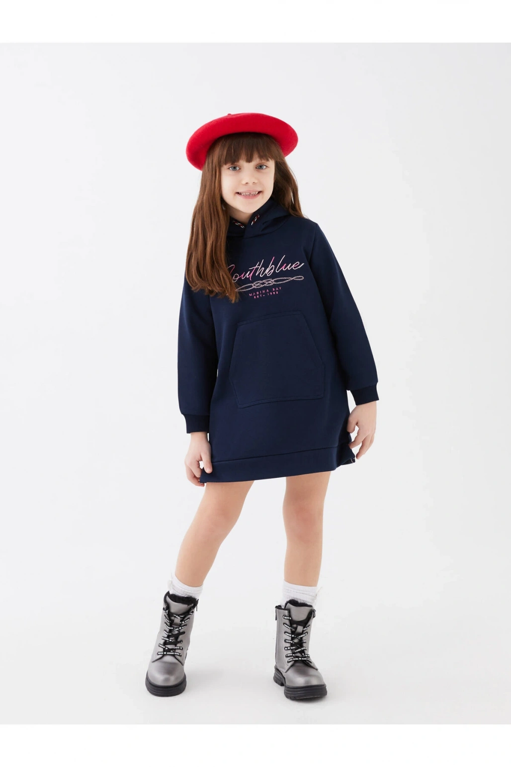 Kapüşonlu Nakışlı Uzun Kollu Kız Çocuk Elbise